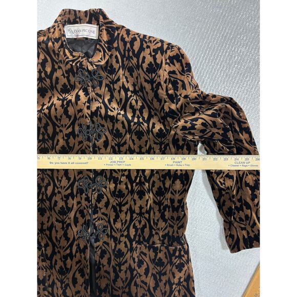 Vintage Velvet Damask Jacket 90s USA Made Brown Black Flocked Frog Closure SZ 14 - Picture 7 of 9